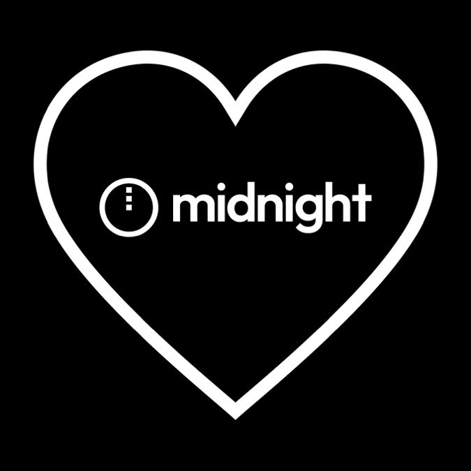 A black background features a large white outlined heart containing a logo with a small icon of a frowning face inside a circle, followed by the word 'midnight' in lowercase white letters.