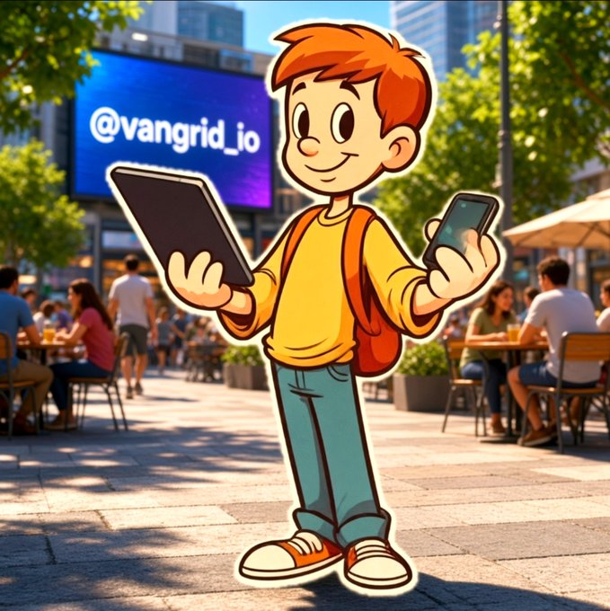 An illustrated cartoon character of a boy holding a tablet and phone in an outdoor urban plaza setting with the text @vangrid_io on a blue screen.