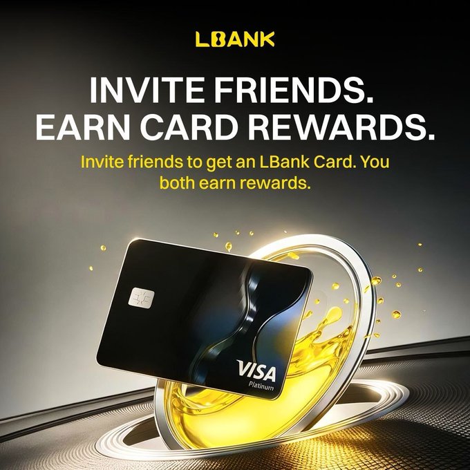 The image is a promotional graphic for LBank featuring a sleek black Visa Platinum card on a golden circular platform, with the headline "INVITE FRIENDS. EARN CARD REWARDS." and the subtext "Invite friends to get an LBank Card. You both earn rewards." It visually reinforces the referral campaign mentioned in the post by showcasing the Visa Platinum card that users can earn a 10 USDT reward for sharing through their referral link.