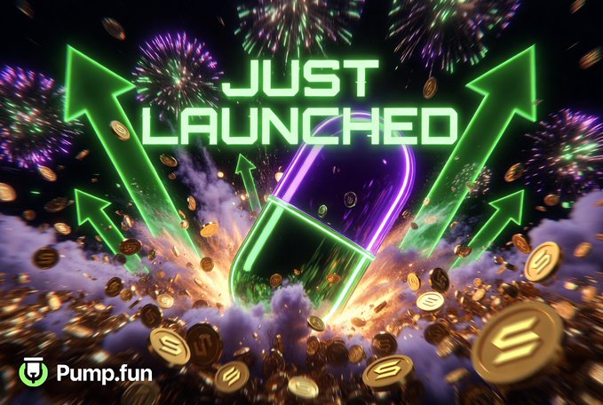 A vibrant promotional graphic featuring neon green "JUST LAUNCHED" text above a glowing rocket, surrounded by upward arrows, fireworks, and scattered gold coins with the Pump.fun logo at the bottom—visually conveying excitement and explosive growth potential for the newly launched $PI token on Pump.fun's Solana-based platform.