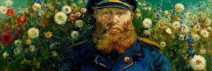 An impressionist-style oil painting depicting a bearded man in a blue uniform and cap surrounded by vibrant flowers.