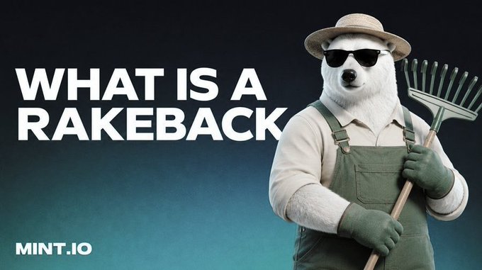 A polar bear mascot wearing sunglasses, a straw hat, and overalls holds a rake alongside bold text reading "WHAT IS A RAKEBACK?" with the "MINT.IO" logo below, visually introducing Mint.io's rakeback program that rewards users with $MNTD tokens for trading activity on the PlayOnMint platform.