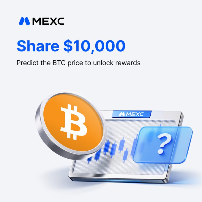 The MEXC promotional graphic advertises a "Share $10,000" reward campaign inviting users to "Predict the BTC price to unlock rewards," featuring a Bitcoin coin alongside a trading chart with a question mark—visually emphasizing the prediction challenge where accuracy determines the prize share.