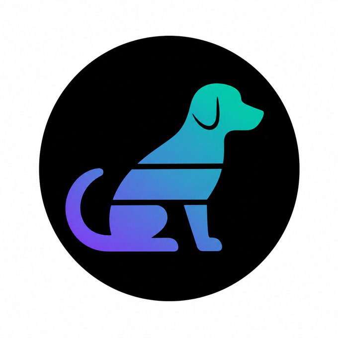 A simple black circular logo featuring a stylized sitting dog silhouette with a teal-to-purple gradient color scheme.