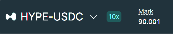 A trading interface showing the ticker 'HYPE-USDC' with a 10x leverage indicator and a mark price of 90.001.