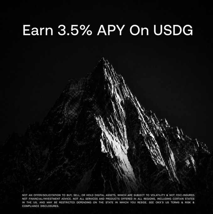A black and white photo of a mountain with text around it that says "E earn 3.5% APY on USDC". The rest of the caption reads about how people can use this platform for earning money by holding an investment account, which is not in the stock market or mutual funds, but rather in Bitcoin.