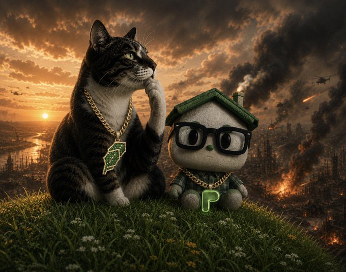 A serious cat wearing a gold chain with a dollar sign pendant sits beside a plush mascot character with a "P" symbol and a small house, both overlooking a burning, war-torn landscape at sunset—evoking a contemplative, ominous mood that mirrors the post's cryptic hint to "think about it."