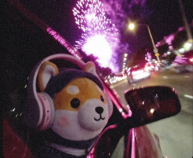 A plush Shiba Inu mascot wearing pink headphones peeks out of a car window with fireworks bursting in the night sky behind it, capturing the casual "and chill" vibe of the $ASTEROID post—reminding crypto holders to stay relaxed and focused on the bigger picture rather than getting caught up in short-term drama.