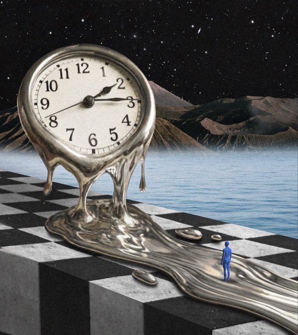 A surreal digital artwork featuring a melting silver clock on a checkered platform, with a small blue figure nearby and a starry night sky.