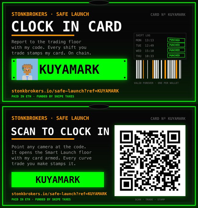 A digital "Clock In Card" graphic from "STONKBROKERS - SAFE LAUNCH" with text "KUYAMARK", featuring a character avatar, a barcode, a shift log with times like "MON 13:13 PUNCHED", and a back side with a QR code and the text "SCAN TO CLOCK IN".
