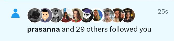 Instagram notification showing 'prasanna and 29 others followed you' with a row of profile pictures and a 25s timestamp.