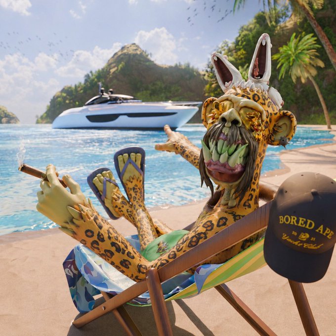 A 3D illustration of a Bored Ape NFT character with a fishing hat relaxing on a beach chair smoking a cigar, with a yacht in the background and a "BORED APE Yacht Club" cap on the chair.
