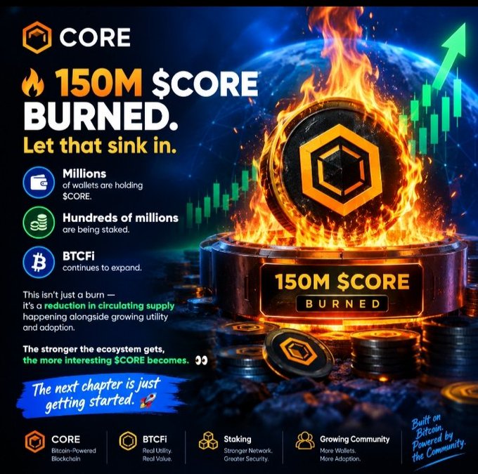 A promotional graphic for CORE cryptocurrency announcing "150M $CORE BURNED," highlighting millions of wallets holding $CORE, hundreds of millions being staked, and the expansion of BTCFi.