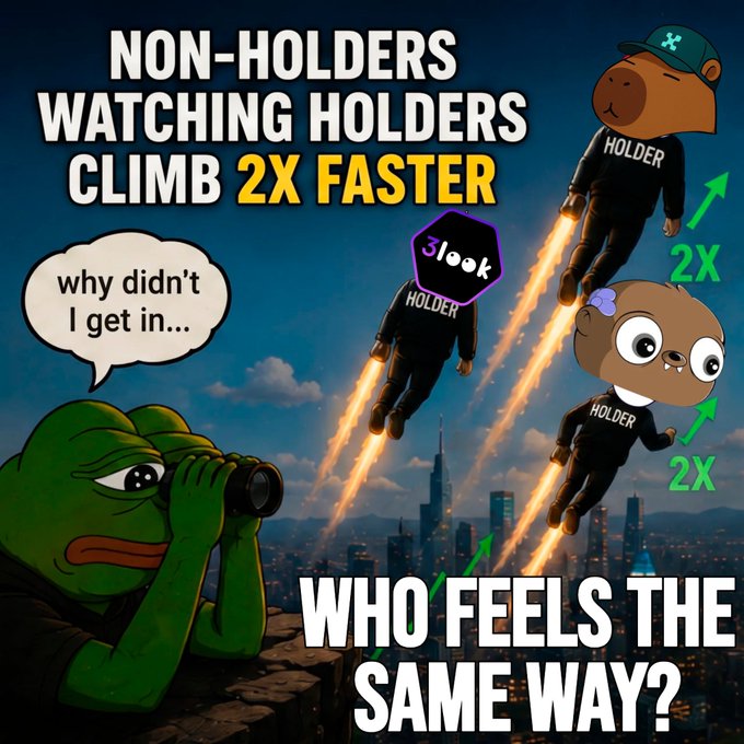 The image features a cartoon frog holding a camera while looking at a city skyline with buildings of various sizes. The caption below the image reads, "Who feels the same way? Gm X Fam!". This suggests that the image might be related to a discussion or social media post about the impact of non-holder FOMO on people's perception and experience in the gaming community.