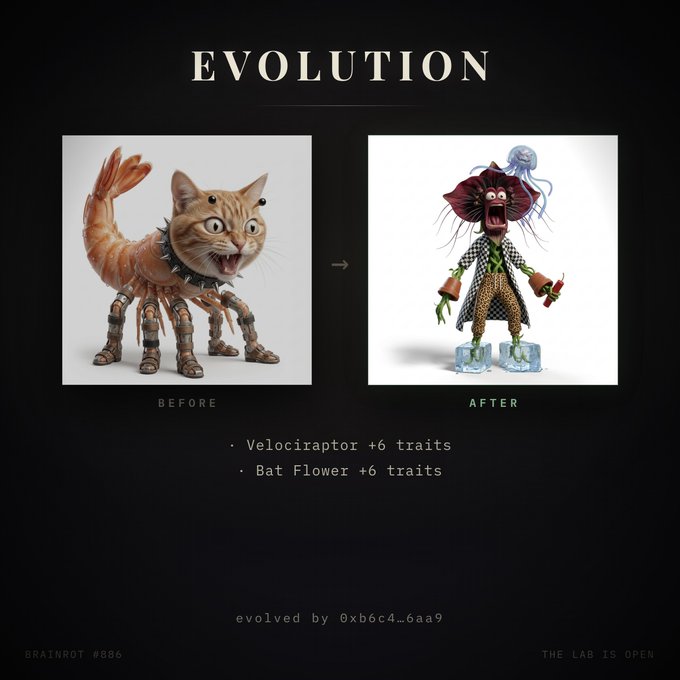 A 'EVOLUTION' comparison shows a cat-shrimp creature 'Before' transformed into a bizarre hybrid figure wearing ice block shoes and holding tools 'After'.