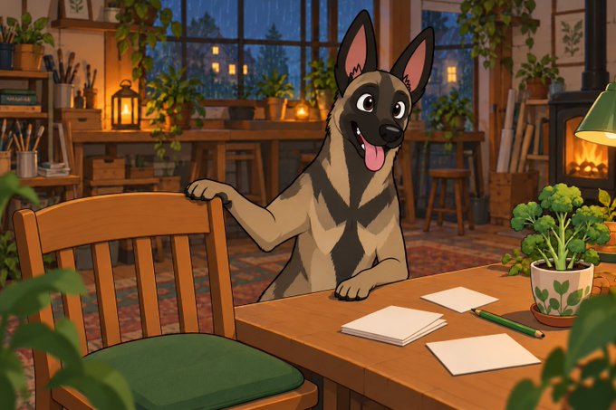 A cartoon illustration of a German Shepherd dog sitting at a wooden desk with blank paper and pencils, set in a cozy plant-filled room with a fireplace and rainy window.