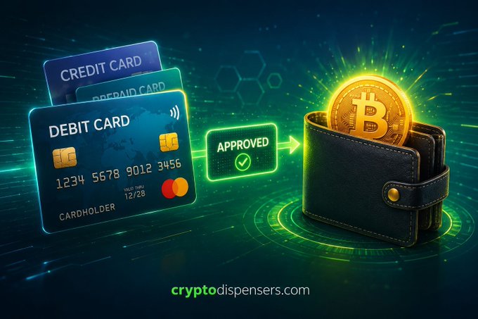 A digital illustration showing credit/debit cards connecting to a black leather wallet containing a glowing gold Bitcoin, with an 'APPROVED' checkmark and the website 'cryptodispensers.com' displayed.