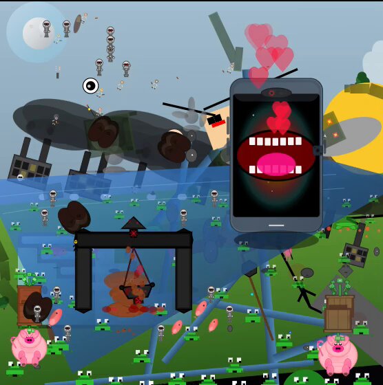The image features a cartoon scene with various elements, including a cell phone that appears to be broken or damaged, surrounded by other objects such as a car, a boat, and a person. The background of the image shows an underwater setting with fish swimming around. In the bottom right corner of the image, there is a post about supporting what's happening at DRL (Digital Research Laboratory) and picking up a special edition NFT on Juicebox to support the artists featured in this cartoon scene.