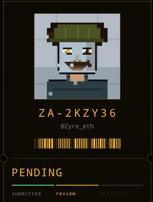 A pixel art character profile card showing a person with a green hat and mustache, with the code "ZA-2KZY36", handle "@Zyre_eth", a barcode, and a pending status showing "submitted" and "review" stages.