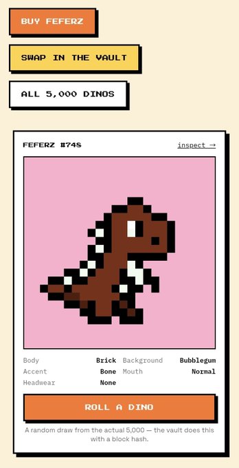 A pixel-art T-Rex NFT titled "FEFERZ #749" displayed on a card showing traits (Brick body, Bubblegum background, Bone mouth) with a "ROLL A DINO" button, representing the 5,000 supply NFT collection backed by the $Feferz token and randomly drawn via blockchain hash.