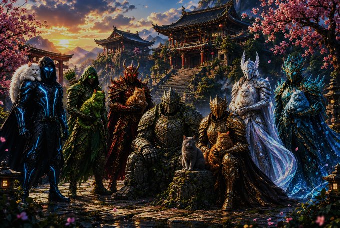 A group of eight elaborately armored fantasy warriors stand together before a pagoda with cherry blossoms and a sunset, with two cats sitting on a pedestal in the center.