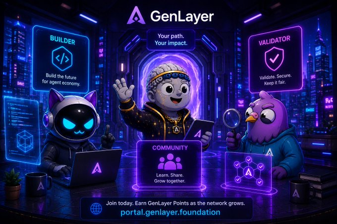 A GenLayer promotional graphic showing three cartoon characters representing 'BUILDER', 'VALIDATOR', and 'COMMUNITY' roles, with the text 'Your path. Your impact.' and the website 'portal.genlayer.foundation'.