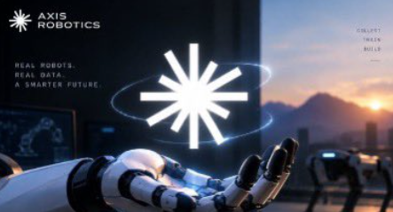 A promotional banner for 'AXIS ROBOTICS' featuring a robotic hand holding a glowing digital loading symbol, with the tagline 'REAL ROBOTS. REAL DATA. A SMARTER FUTURE.' and a sunset cityscape in the background.