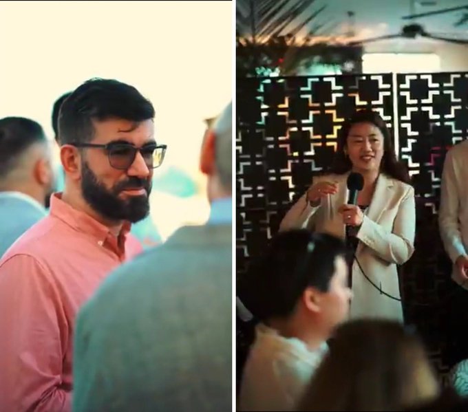 A split image: the left side shows a bearded man in a pink shirt and sunglasses; the right side shows a woman in a white blazer speaking into a microphone.