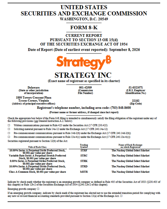 The cover page of a Strategy Inc. (formerly MicroStrategy) Form 8-K current report filed with the United States Securities and Exchange Commission, dated September 8, 2026.