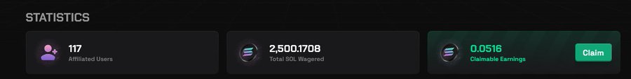 A dark-themed statistics dashboard shows 117 Affiliated Users, 2,500.1708 Total SOL Wagered, and 0.0516 Claimable Earnings with a Claim button. The image relates to the post by displaying the user's referral earnings of 0.0516 SOL earned from 117 users wagering under their affiliate code, which they plan to tip out to followers who wagered using their referral link.