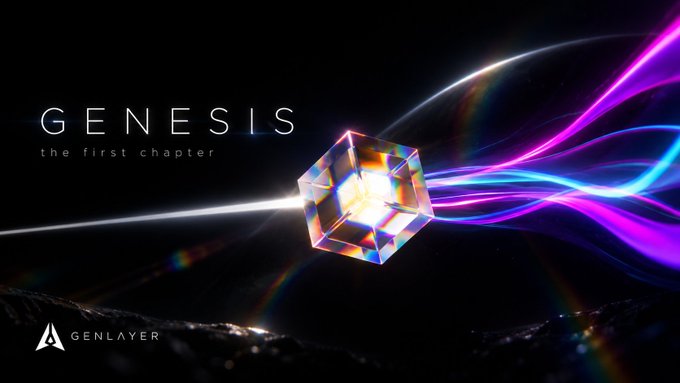 The image is a promotional banner for GenLayer's "GENESIS – the first chapter" (Episode 1), featuring a glowing crystalline hexagon with vibrant purple, blue, and orange light trails radiating from it against a dark background, with the GenLayer logo in the bottom left. It visually ties to the post by illustrating the dramatic, almost cinematic framing of GenLayer's origin story as something monumental and revealing, rather than a typical market-driven launch.