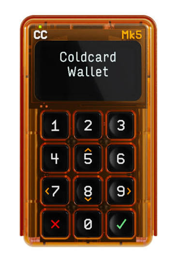 A translucent orange Coldcard Mk5 hardware wallet displays "Coldcard Wallet" on its screen above a numeric keypad. The image illustrates the security issue mentioned in the post, highlighting that approximately 594 BTC worth $38 million has been stolen from certain dormant single-signature wallets using these devices.
