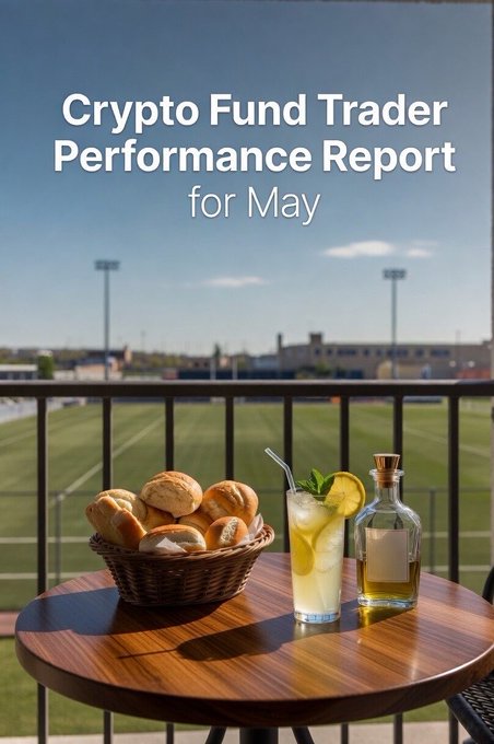 The image shows a wooden table with two glasses of lemonade and some bread or pastries placed on top. The background features a view of an outdoor stadium, suggesting that the location might be a sports event venue. Below this scene, there is text related to cryptocurrency fund trading performance report for May.