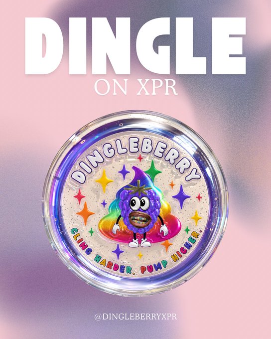 A promotional graphic for 'DINGLE on XPR' showcases a circular design featuring a cartoon anthropomorphic berry character, surrounded by stars and the slogan 'Cling Harder. Pump Higher.'