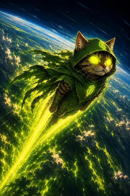 A heroic tabby cat clad in a glowing green hooded cloak rockets through the sky above Earth, leaving a brilliant neon-green energy trail in its wake, mirroring the post's bullish "$UPTOBER" momentum and the early-stage, high-upside potential being hyped.