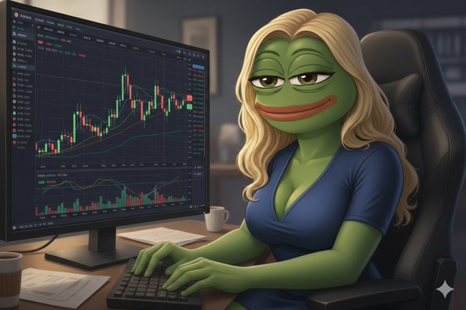 The image features a cartoon frog sitting at a desk with a computer monitor, keyboard, and mouse. The frog appears to be working or studying, possibly analyzing stock market trends displayed on the computer screen. The scene also includes a cup of coffee nearby, suggesting that the frog might be spending long hours at her desk.