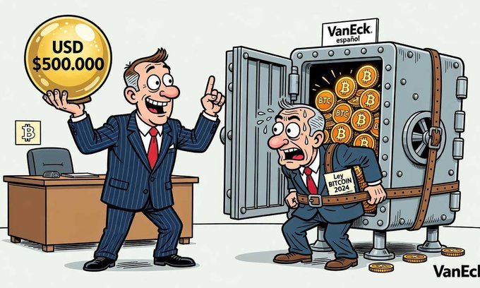A VanEck cartoon featuring a businessman celebrating with a USD $500,000 coin while another man labeled 'Ley BITCOIN 2024' emerges from a vault full of Bitcoin.