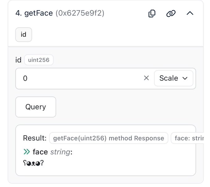 The image shows a smart contract function call interface displaying a `getFace` query (0x6275e9f2) returning a face string of emoji characters "🕴️👁️" from the ChainFaces project. This visual supports the post's argument that engineering is art, showcasing algorithmically generated emoji-based "text faces" stored on Ethereum as a conceptual art piece prioritizing ideas over visual aesthetics.