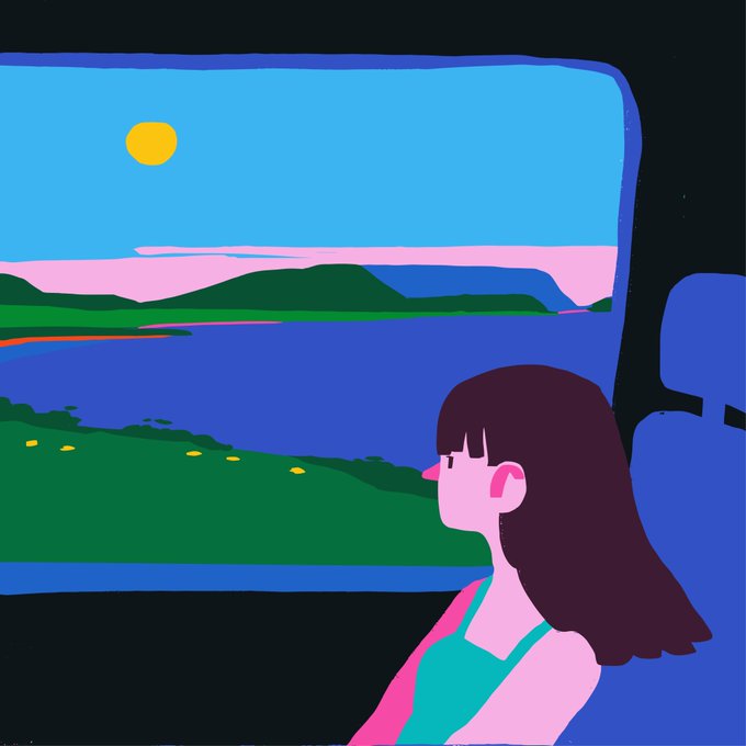 Digital illustration of a girl with dark hair and a green top looking out a vehicle window at a scenic landscape with a yellow sun, green hills, and blue water.