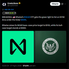 The image shows a Crypto Breaking tweet announcing Bitwise's NEAR ETF receiving green light to list on NYSE Arca, with a bull-case price target of $155 and 2026 NEAR base-case price target of $562, alongside the Near Protocol and NYSE logos. The Vietnamese post reflects on the ETF opening, noting capital will flow in and that NEAR is now waiting to see where institutional money lands, advising a chill approach as news comes first and consequences follow later.