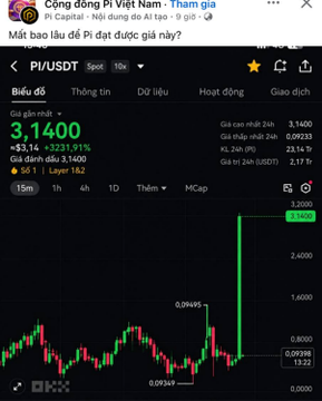 A Vietnamese cryptocurrency market screenshot shows “Cổ đông Pi Việt Nam - Tham gia,” “Pi/USDT,” a price of “3,1400,” and a sharp green price spike on the chart.