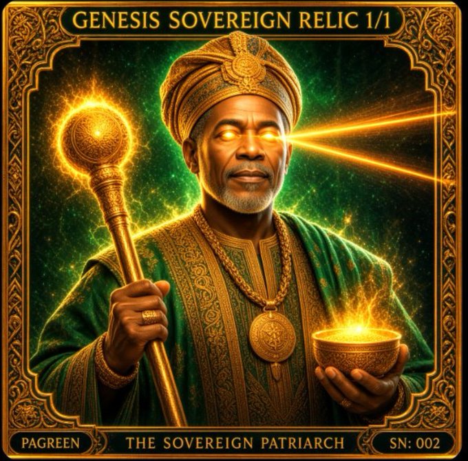 A digital trading card titled 'GENESIS SOVEREIGN RELIC 1/1' featuring 'THE SOVEREIGN PATRIARCH' (PAGREEN), depicted as a regal figure in green and gold robes holding a glowing staff and a flaming bowl.