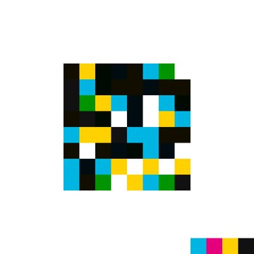A pixelated square QR code in cyan, yellow, green, black, and white, with color calibration bars below.