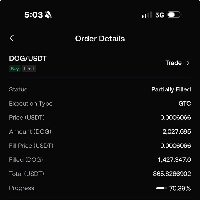 A mobile screenshot showing an order details screen for a DOG/USDT cryptocurrency trade, marked as a Buy Limit order that is Partially Filled at 70.39%, with a price of 0.0006066 USDT for 2,027,695 DOG.