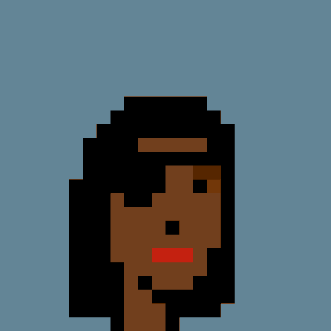 A pixel art portrait of a dark-skinned character with black hair, wearing a red lip detail, set against a blue background—representing CryptoPunk #4711, which was purchased for 32.41 ETH (~$75,001 USD) by 0x236b...10e5.