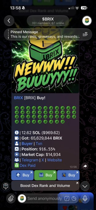 A Telegram screenshot of the SBRIX group (351 members, 67 online) promoting the BRIX token with a banner reading 'NEWWWW!!! BUUUYYY!!', showing a price of 12.62 SOL ($969.62), 65,629,844 supply, and +916.55% position.