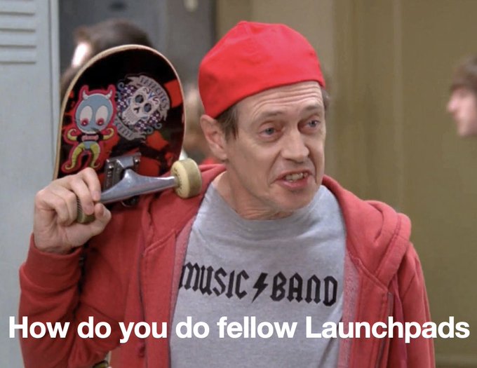 A man in a red cap and "MUSIC BAND" t-shirt holds a skateboard over his shoulder, captioned "How do you do fellow Launchpads," referencing a famous Steve Buscemi meme used humorously to greet fellow memecoin/token launch participants, fitting the post's joke about being new to Solana memecoin culture and $PUMP.