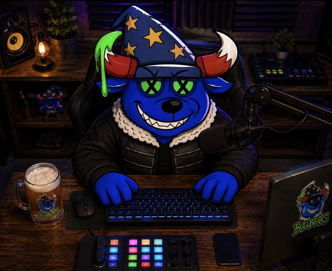 An illustration of an anthropomorphic blue bear mascot wearing a wizard hat and black jacket, sitting at a streaming/recording desk with a keyboard, microphone, and a 'BULLBEARS' branded laptop.