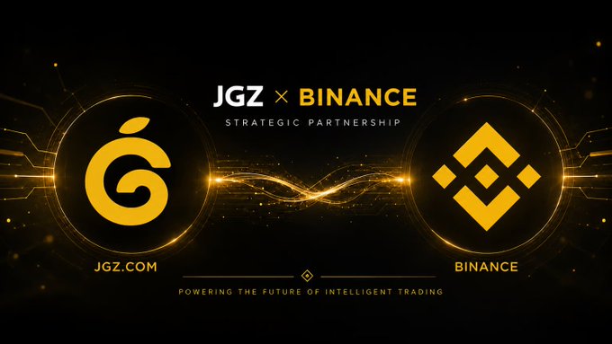 The image announces "JGZ × BINANCE STRATEGIC PARTNERSHIP" featuring the JGZ logo (jgz.com) on the left and the Binance logo on the right, with the tagline "POWERING THE FUTURE OF INTELLIGENT TRADING" — visually presenting a collaboration that aligns with the post's idea of converting routine trading activity into long-term platform equity.