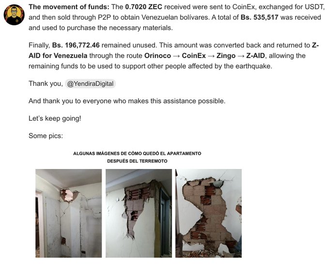 A social media post detailing fund movements for earthquake relief in Venezuela, including text about ZEC and Z-AID, accompanied by three photos of damaged apartment walls.